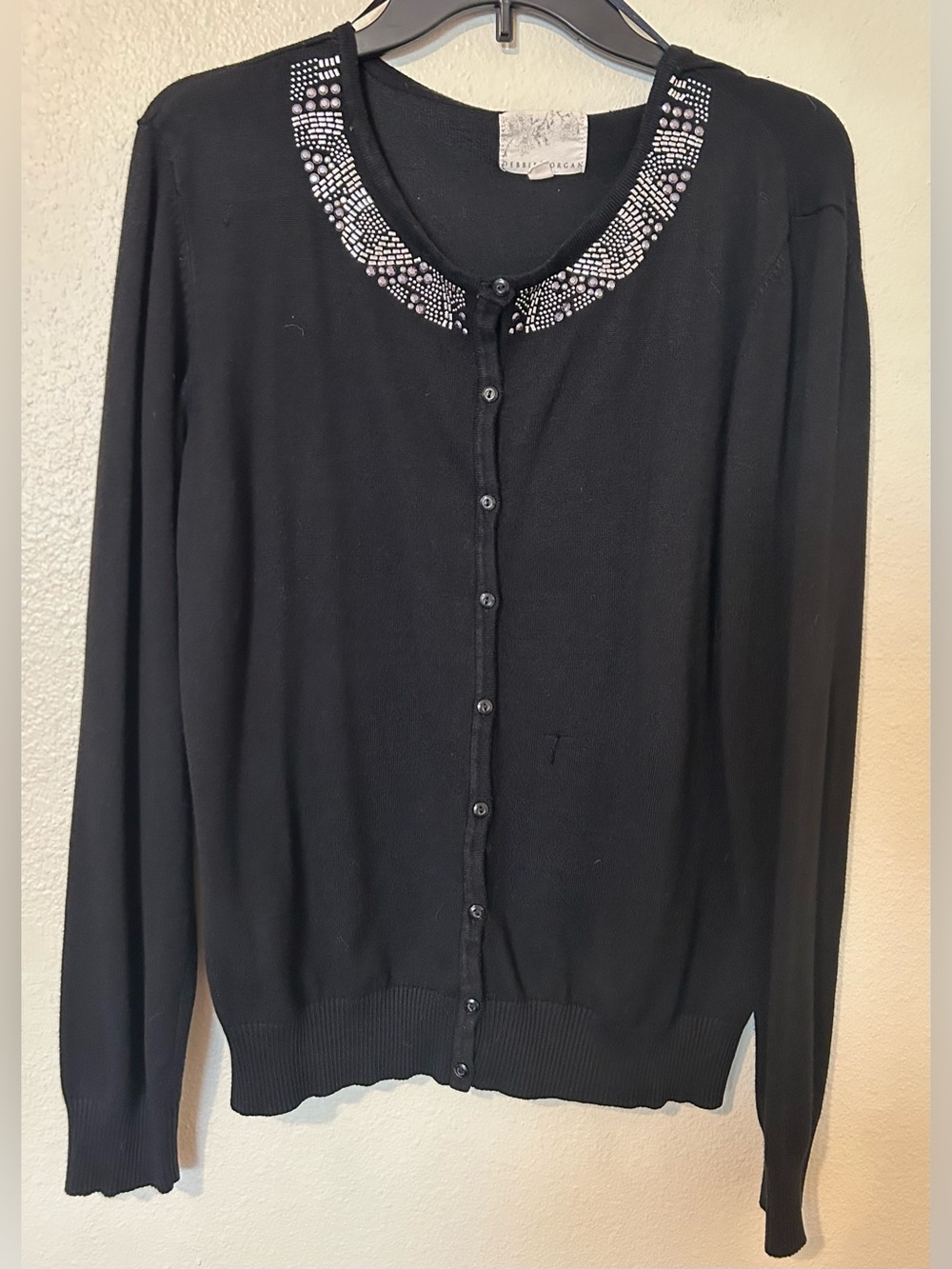 Black Women's Button-Front Sweater Cardigan With Embellished Collar Size Large